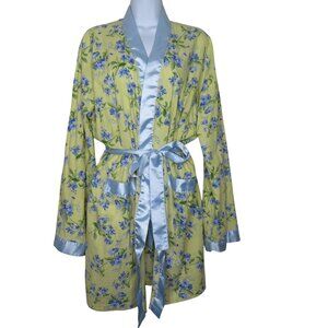 Vintage Floral Yellow Blue Womens Robe M Satin Accents Belt Waist Pockets Cotton